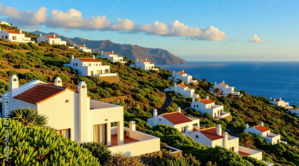 Obraz premium White villas with orange roofs dot a green hillside overlooking deep blue ocean. Houses cluster on steep terrain under clear sky. Coastal landscape offers scenic island views. Peaceful resort area.
