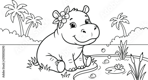 Fotografie Cartoon hippopotamus with floral headpiece in a tropical scene black and white l