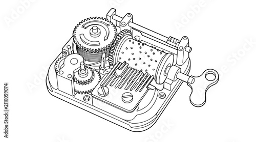 Mechanical Music Box Internal Movement with Gears and Winding Key Illustration