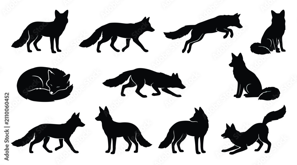 Obraz premium Wolf pack and lone fox silhouette vector icon set. Running, sitting, and howling poses. Minimalist black animal illustrations for wildlife designs.