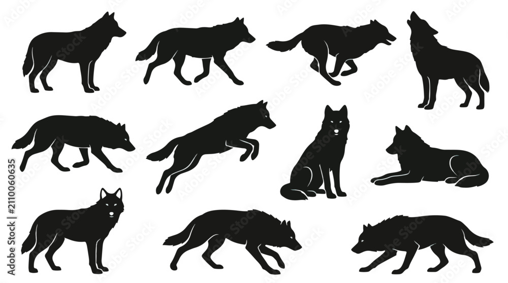 Fototapeta premium German Shepherd dog poses vector set. Running, sitting, standing, and howling silhouettes in solid black. Minimalist animal illustration for design projects.