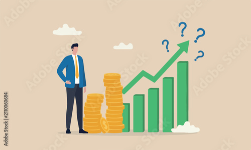 Success income, rich life, earning profit or growing pension fund, prosperity concept, rich businessman with coin stack and growth chart