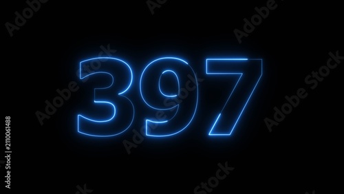 Glowing Blue Neon Number 397 on Black Background.