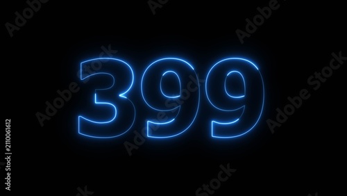 Glowing Blue Neon Number 399 on Black Background.
