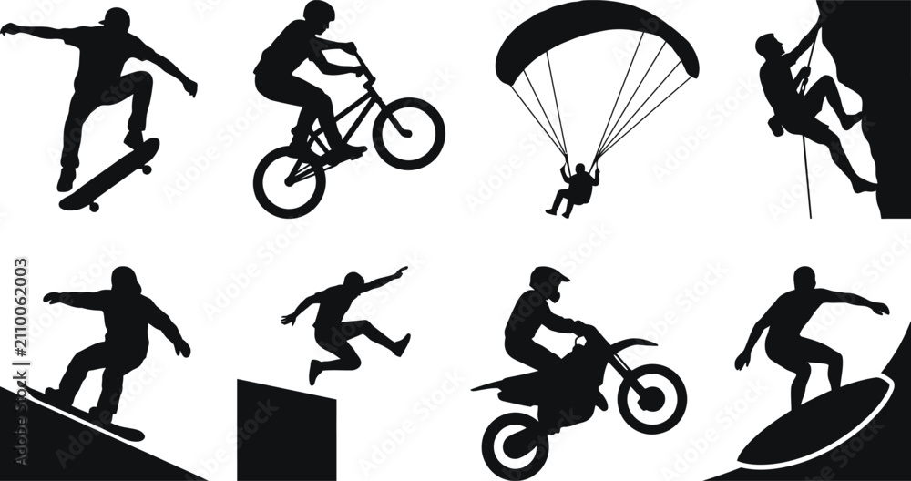 Obraz premium Extreme Sports Silhouettes Against White Background Vector Illustration