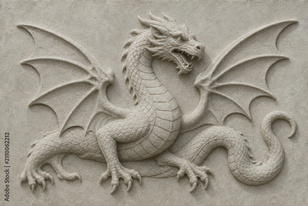 Fototapeta premium Stone relief of a dragon with detailed scales and outstretched wings.