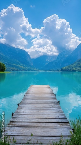 Serene turquoise lake, mountain dock, bright sky, scenic mobile wallpaper
