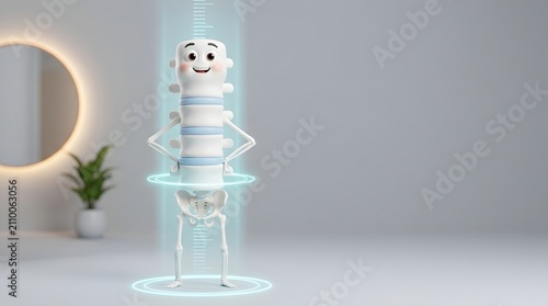 Cute smiling 3D cartoon spine mascot made of stacked vertebrae standing inside a glowing blue holographic scanner ring in a bright minimal white room with a plant and copy space