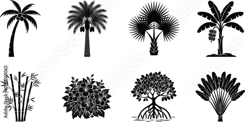 Foto Palm, banana, bamboo, hibiscus, and mangrove tree silhouettes set for tropical l