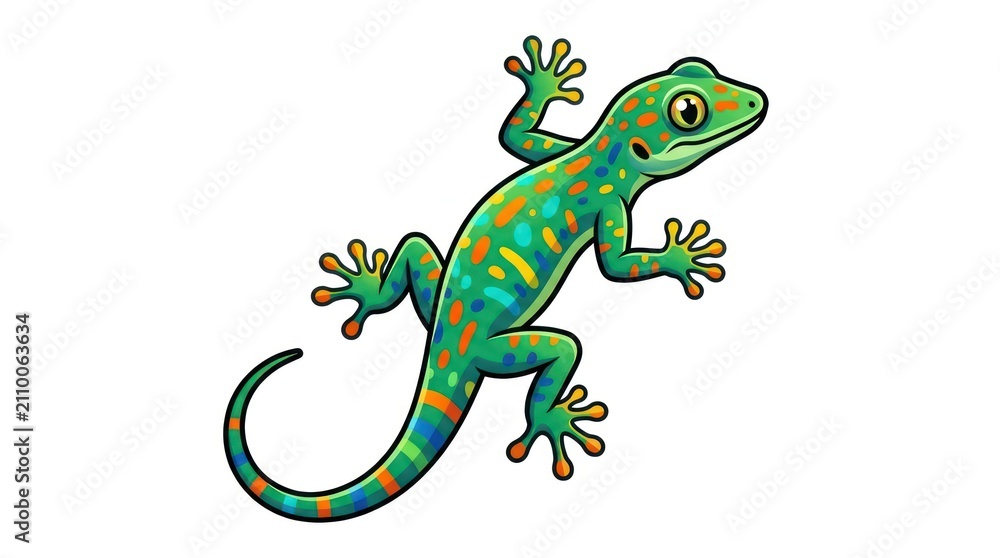 Fototapeta premium Vibrant green gecko lizard climbing on leaf. Colorful tropical reptile vector icon isolated on white background for design.
