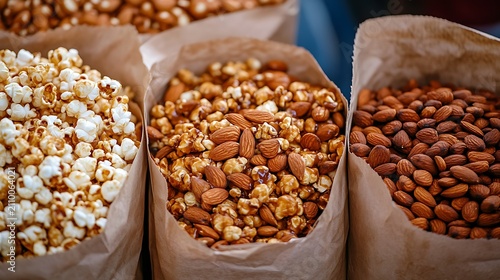 Close up of caramel popcorn and almonds in paper bags