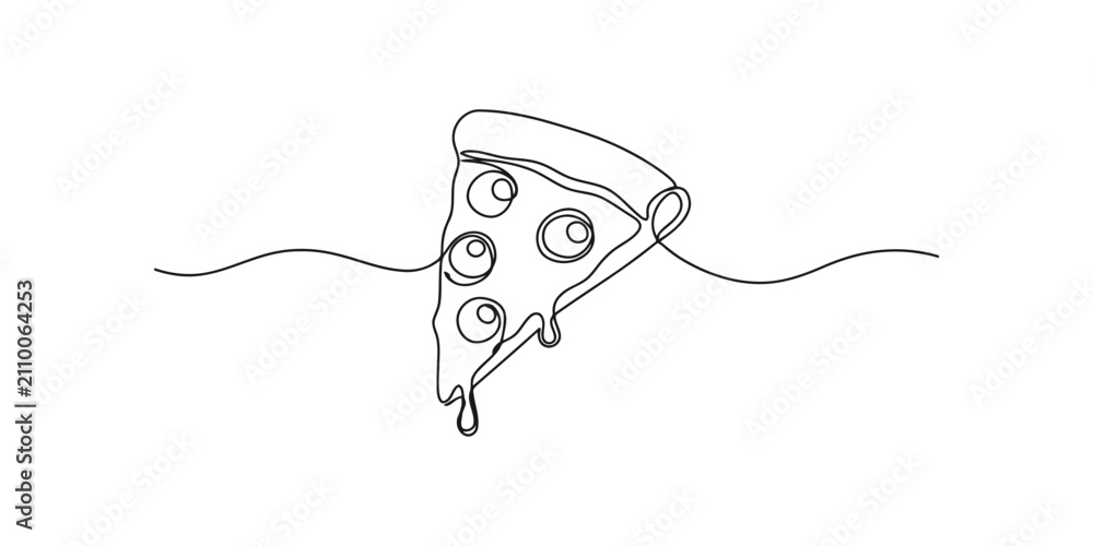 Obraz premium Continuous single line drawing of a delicious pizza slice with melting cheese and pepperoni toppings