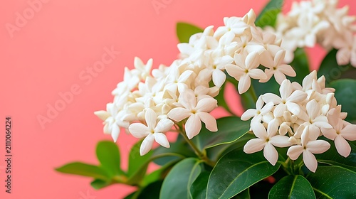 Close up of dense white Ixora flowers star shaped tropical blooms with green leaves and a soft pink background