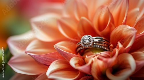 Close up of dahlia with wedding rings