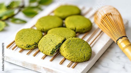 Close up of freshly baked matcha cookies with chasen a bamboo whisk on a white wooden base