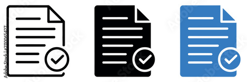 Document approval icons. Verified file symbols. Simple checklist pictogram for document validation, certification, compliance, quality assurance, completed forms and business workflow.