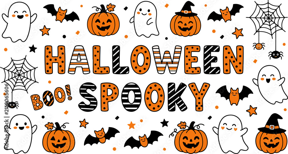 Fototapeta premium Halloween spooky text banner design with cute ghosts pumpkins bats and web decor