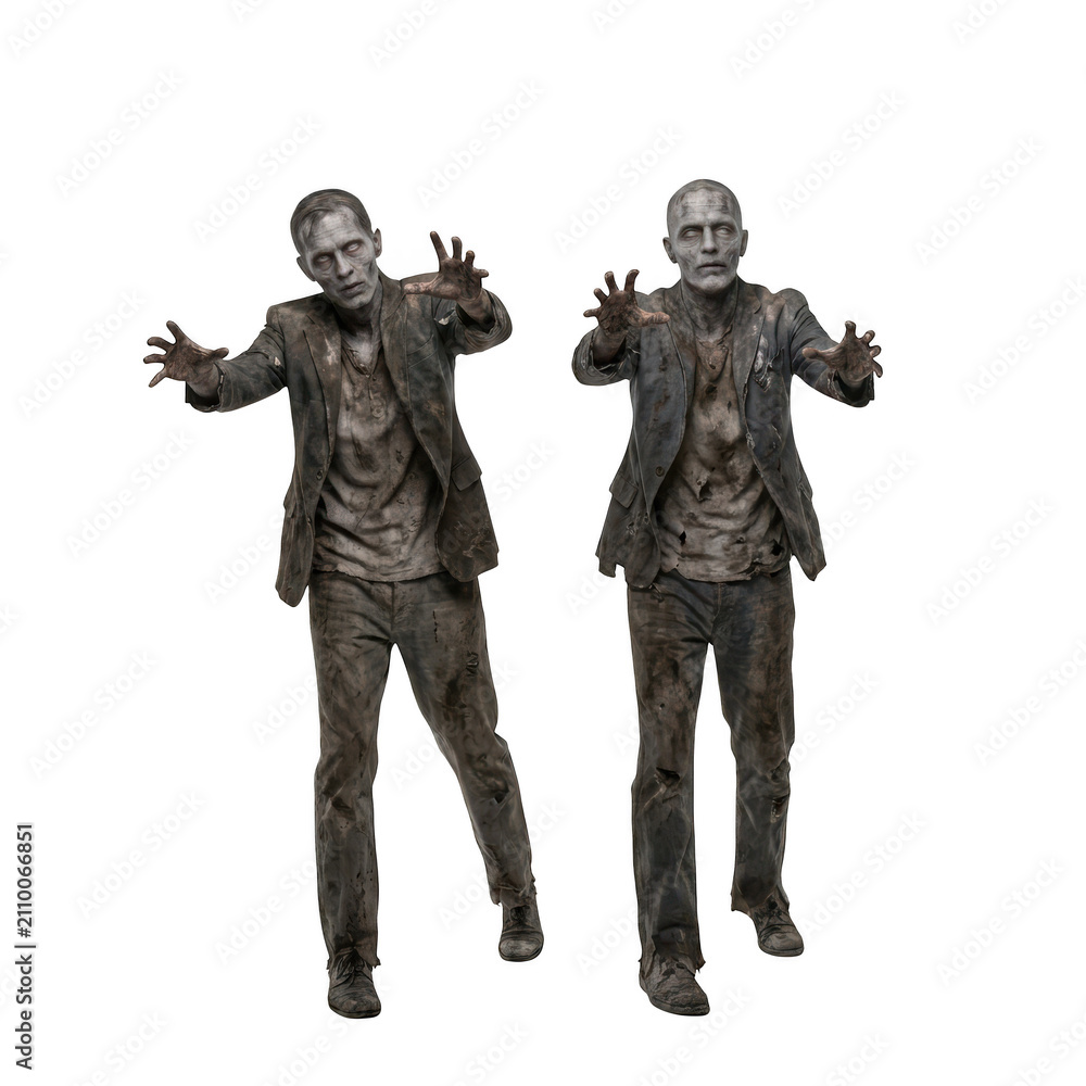 Fototapeta premium Two realistic zombie figures in suits with outstretched arms isolated on transparent background
