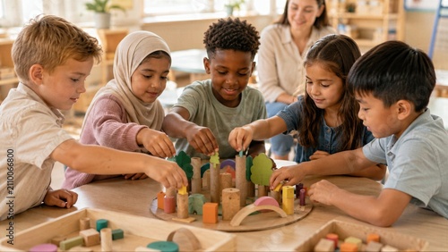 Group project with many small contributions creates inclusive primary school image about participation, cooperation and community during classroom learning.