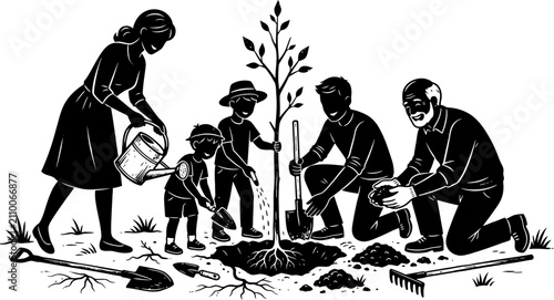 A group of adults and children working together to plant a young tree in the garden