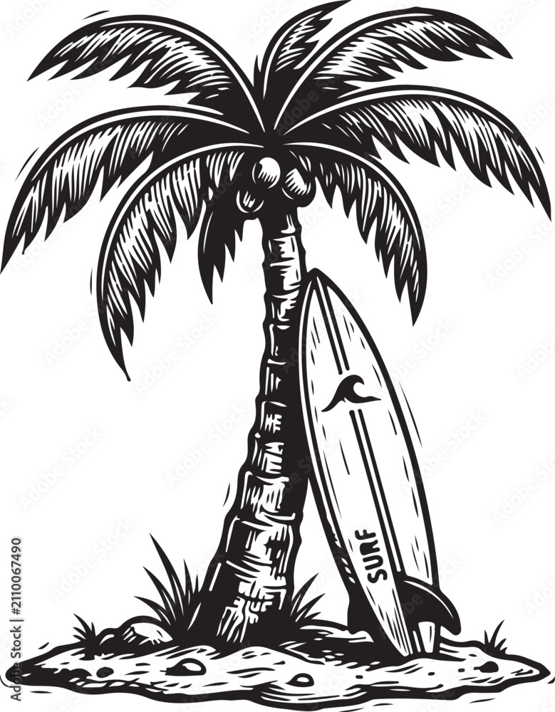 Fototapeta premium Surfboard leaning against palm tree in tropical beach scene, vintage monochrome illustration evoking classic summer surf culture and relaxation.