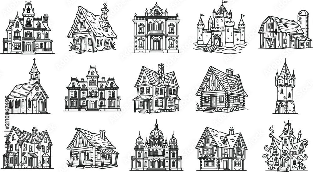 Obraz premium A detailed collection of hand drawn haunted houses and spooky castles in this creative halloween vector bundle for festive design projects