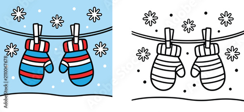 Foto Cute winter mittens hanging on a clothesline with snowflakes, vector illustratio