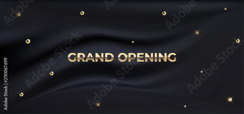 Obraz na płótnie Grand opening banner with golden text and sparkling details on black draped fabr