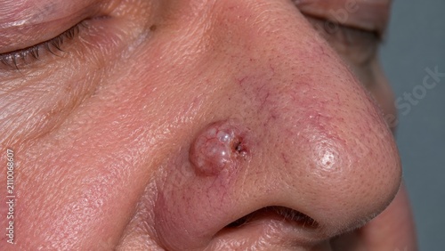 Basal cell carcinoma lesion on human nose