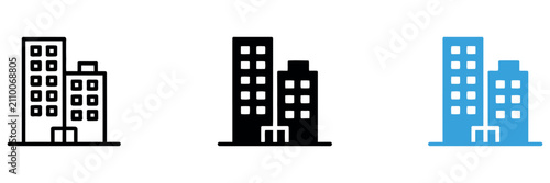 Building icon set. City architecture symbol. Simple pictogram collection for real estate, urban development, business locations, property listings and map interface design.