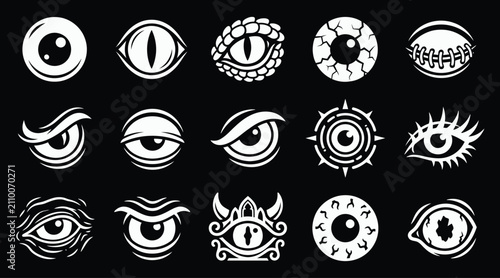 A detailed halloween vector bundle featuring a collection of spooky monster eyes and creepy eyeballs isolated on a solid black background