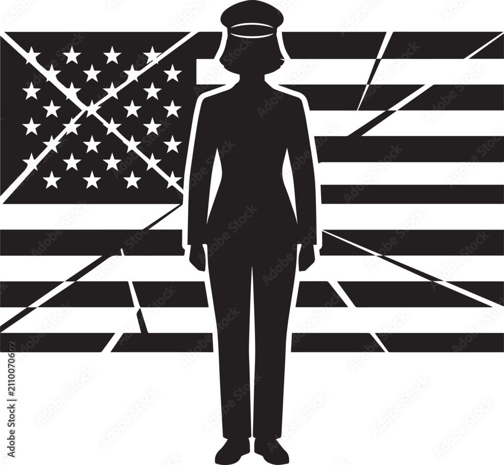 Fototapeta premium Silhouette of a female soldier standing in front of a cracked american flag veterans day