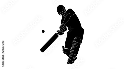 Cricket player swinging bat black silhouette cricketer