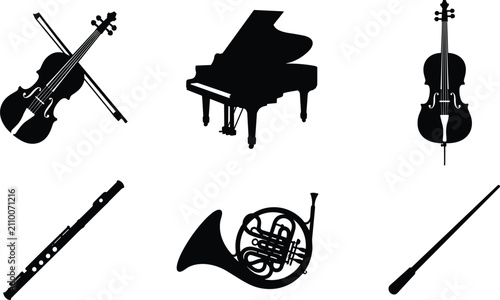 Schilderij op canvas Classical Orchestra Vector Set with Violin Grand Piano Cello Transverse Flute Fr