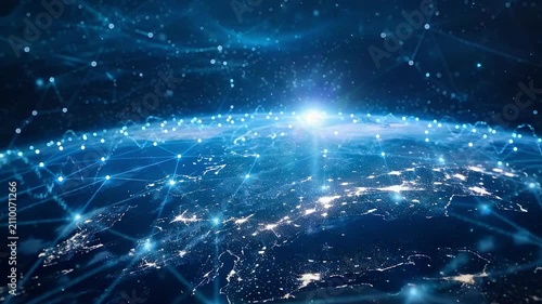 Global digital network connection glowing over earth surface representing worldwide communication technology connectivity with connecting across surface planet earth symbolizing