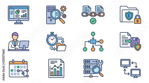 Clean Minimalist Icons Showcasing Data Analysis Security Automation and IT Operations in Flat Design