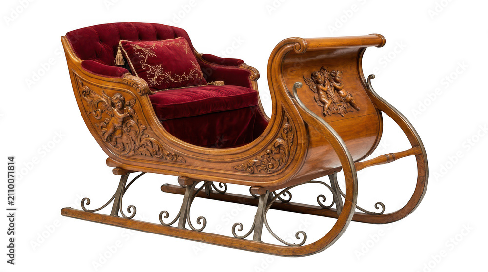 Obraz premium Antique wooden sleigh with red velvet upholstery isolated on transparent background