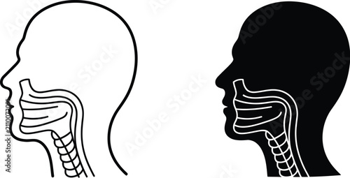 Foto Human head profile icons featuring internal throat anatomy and respiratory tract for medical education, healthcare diagnostics, and anatomical illustrations