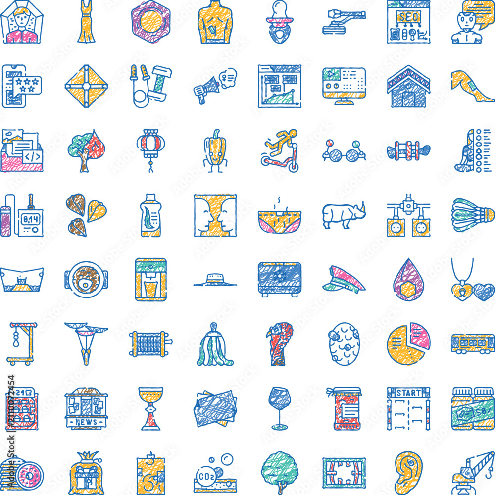 Naklejka premium Hand drawn collection of diverse symbols and objects, illustrating various themes like health, technology, food, activity, and communication, all rendered in a vibrant, sketchy style