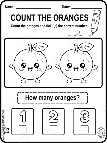 Printable counting activity designed for young learners with cute orange illustrations. Great for practicing number recognition and counting skills.
