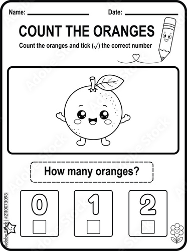 Cute printable counting worksheet for preschool and kindergarten learners. Helps children practice early math skills with a fun orange character.
