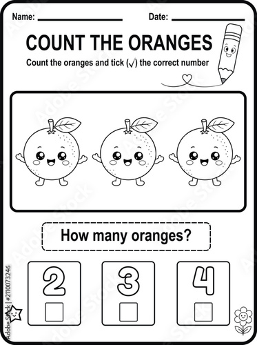 Fun printable worksheet featuring three cute oranges for preschool counting practice. Perfect for classrooms, homeschooling, and early learning.