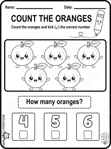 Help young learners count five happy oranges and identify the correct number. Fun printable worksheet for preschool, kindergarten and homeschool math practice.