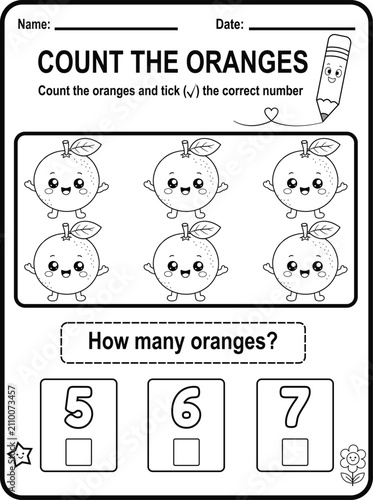 Count six cheerful oranges and tick the correct number in this printable learning activity. Great for preschool classrooms, homeschooling and early math practice.