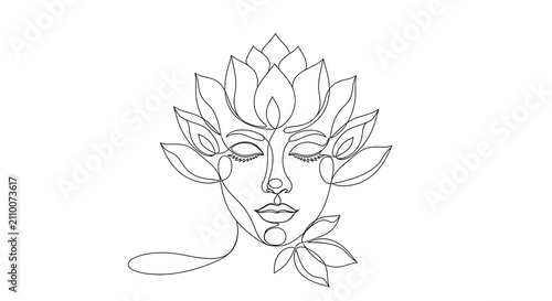 Minimalist continuous line art illustration of a serene woman's face merged with a blooming lotus flower on white background