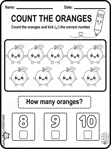 A fun counting worksheet with nine cute oranges to help children improve number recognition and early math skills through engaging printable activities.
