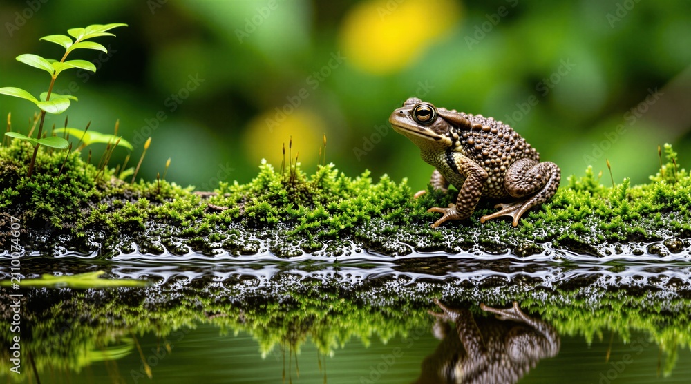 Fototapeta premium Small toad sits on mossy wooden log over calm forest water surface. Brown amphibian rests near green plant growth in swamp environment. Wildlife creature reflects in dark pond liquid. Nature macro