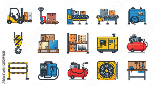Industrial Machinery and Warehouse Equipment Icons Set Flat Outline Vector Illustration