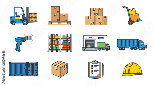 Warehouse Logistics Icons Set Flat Outline Vector Illustration