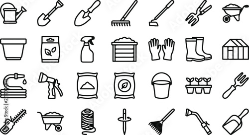 фотографія Set of hand drawn gardening icons featuring various tools equipment and plants f